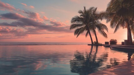 Tropical Paradise Sunset: Tranquil Ocean View with Palm Trees and Reflective Water