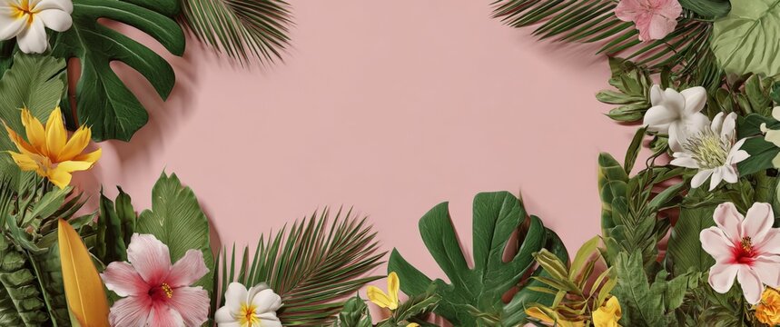 Tropical floral frame on pink background featuring vibrant blossoms, monstera leaves and tropical foliage, ideal for summer designs