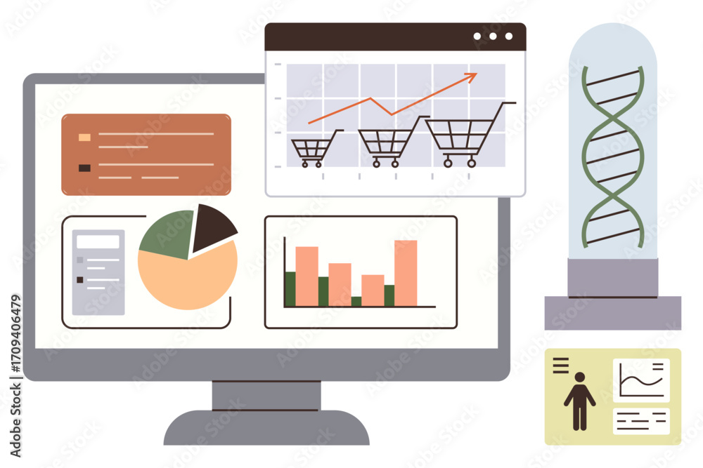 Poster computer monitor displaying data charts, shopping cart trends, and analytics. dna structure highligh