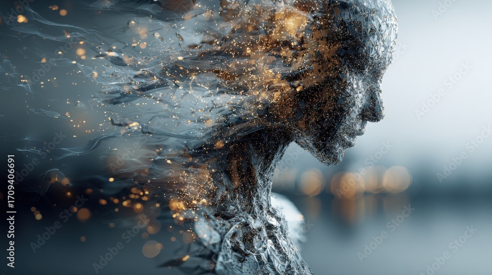 Poster abstract conceptualization of sentient being with golden particles flowing, representing intelligenc