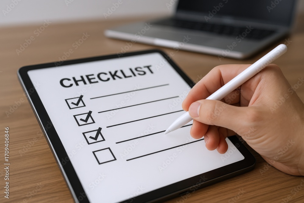 Poster digital checklist on tablet device shows productivity and task management for business professionals