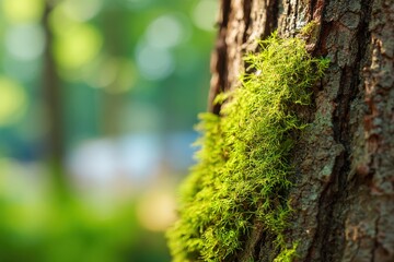 Obraz premium Lush Green Moss Growing on a Tree Trunk in a Forest, Close-Up Natural Texture Detail