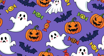 Fototapeta premium Flat lay seamless pattern featuring cute cartoon ghosts, pumpkins, bats, and candies on a purple background, creating a playful Halloween design.