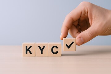 KYC Compliance Verification: Hand Completing Acronym with Checkmark Block, Business Regulation Concept and Identity Authentication, Close-up