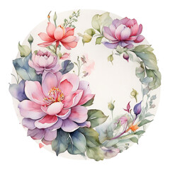 Vibrant Pink and Purple Watercolor Lotus Flowers with Green Leaves Arrangement floral