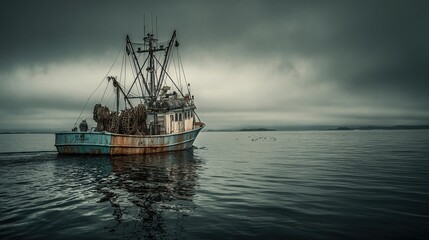 Obraz premium Fishing Vessel at Sea: Commercial Boat in Calm Waters Under Overcast Sky, Maritime Industry