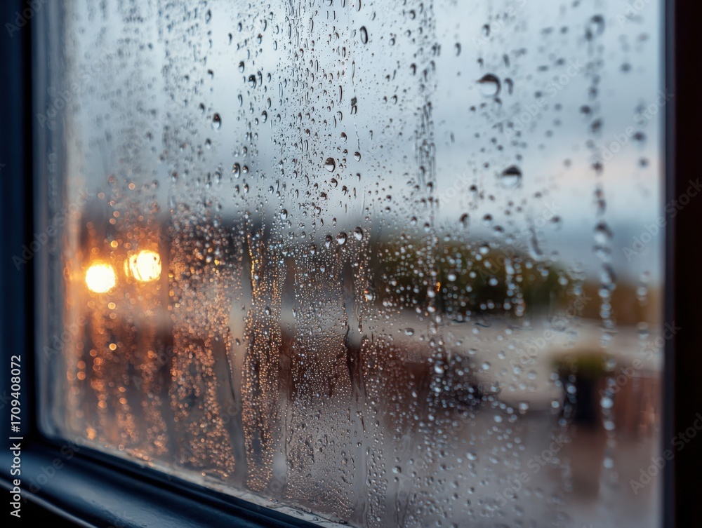 Poster raindrops on a windowpane with soft bokeh lighting - reflective indoor scene