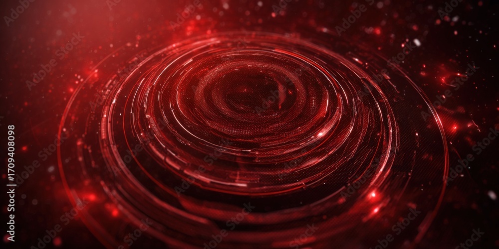 Poster abstract red vortex background with circular lines, glittering particles, and depth of field for tec