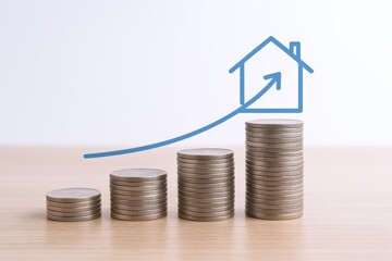 Rising Real Estate Values: Coin Stacks Graph with Home Icon Depicting Property Appreciation