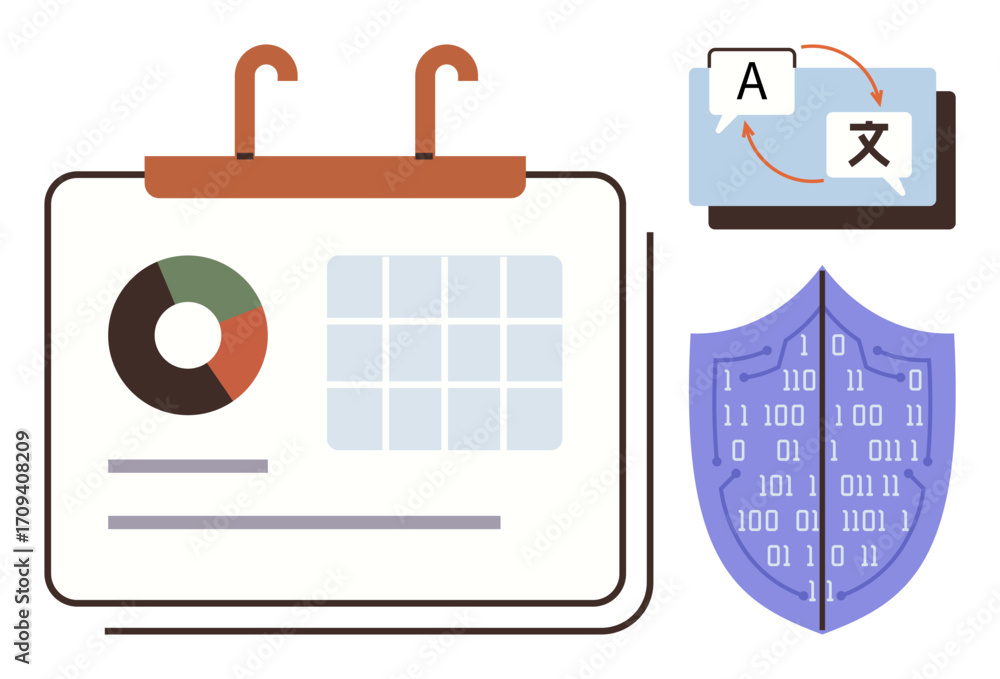 Poster calendar with pie chart and grid, language translation icons, and shield with binary code. ideal for