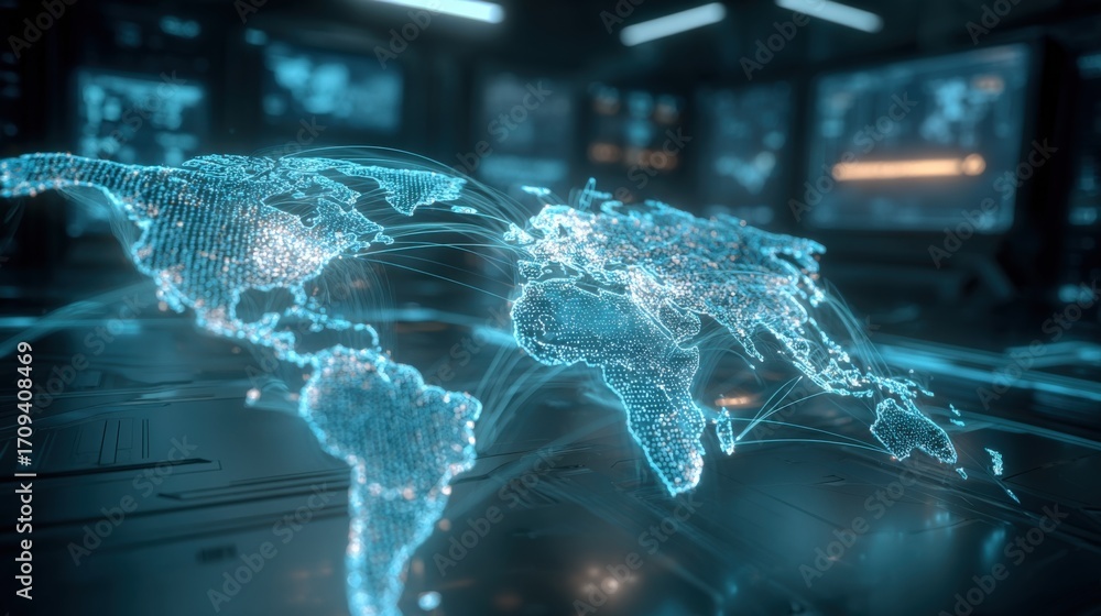Poster global network visualization: digital world map connecting continents with futuristic technology in 