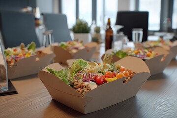 Takeout Salad Bowls on Conference Table: Healthy Catering Option for Business Meetings and Corporate Events
