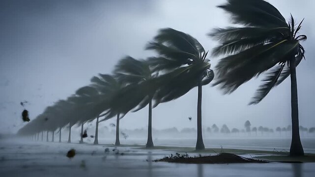 Powerful Hurricane Winds Thrashing a Row of Palm Trees.