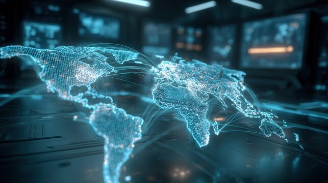 Global Network Visualization: Digital World Map Connecting Continents with Futuristic Technology in a Control Room
