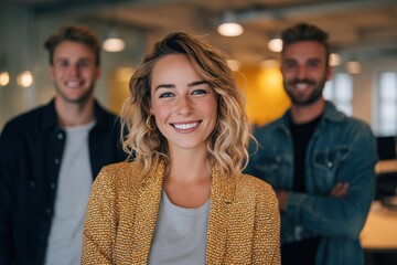 Fototapeta premium Three young adults smile in a modern office setting. A blond woman in a yellow jacket stands in front of two men with light brown hair, all appearing friendly and professional.