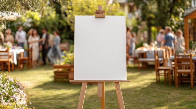 Elegant Easel Sign Mockup at Outdoor Celebration Event, Blank Canvas, Ready for Customization