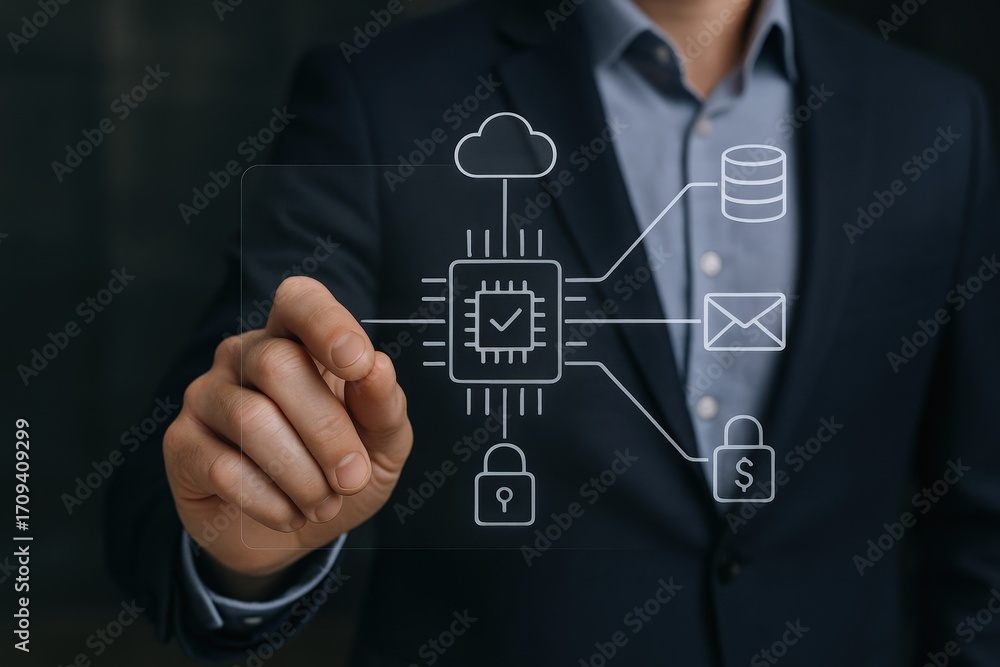 Poster businessman interacting with digital data protection interface: cloud computing, cybersecurity, and 