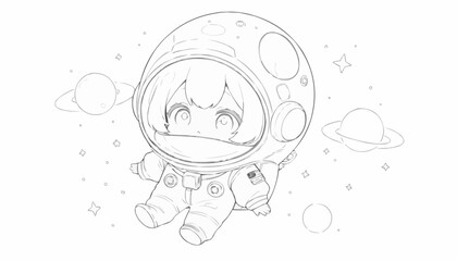 Adorable astronaut character floating in space with a big helmet and planets around, 