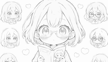 Cute girl character reading a book with various expressions, surrounded by hearts and smaller versions, 