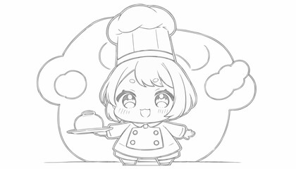 Happy chef character presenting a delicious dish with a big smile in a playful kitchen setting