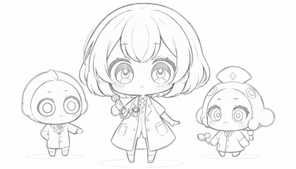 Cute teacher character surrounded by two adorable students, all smiling in a playful classroom setting