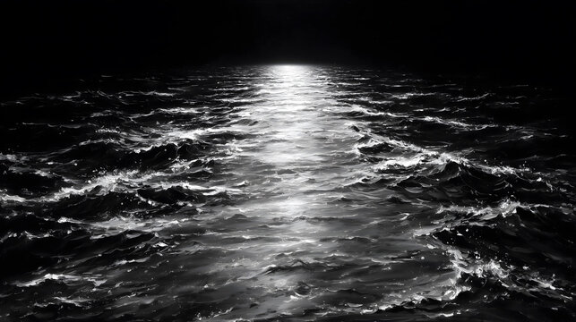 Navigating the dark and turbulent waters of a chaotic ocean, guided by a single ray of light from the distant horizon in a dramatic black and white style