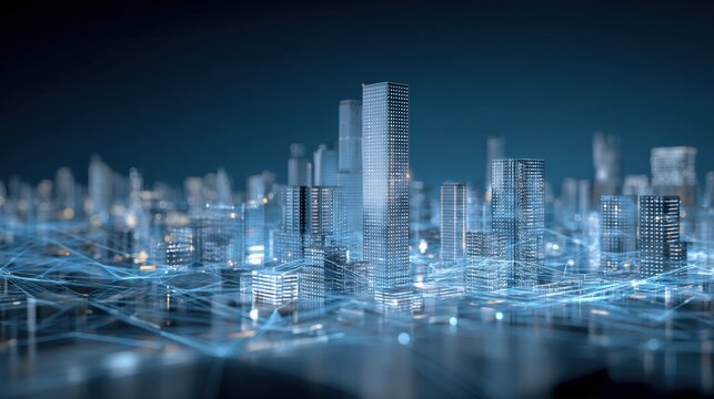 Futuristic Cityscape Illustration with Data Connections, Emphasizing Modern Urban Technology and Network Communication, Business solutions