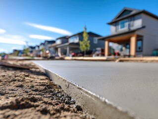 Freshly Poured Concrete Curb Construction in a Suburban Neighborhood on a Sunny Day