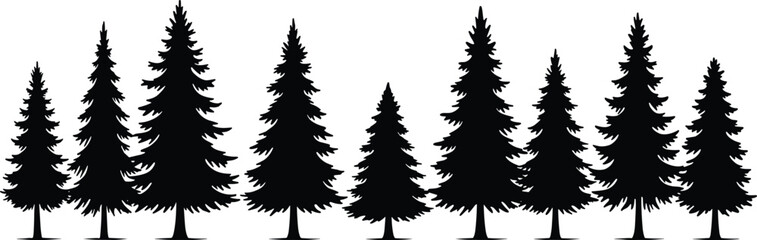 Art & IllustrationSilhouette of pine trees, evergreen forest illustration, black spruce tree set on white background, nature landscape graphic, vector art