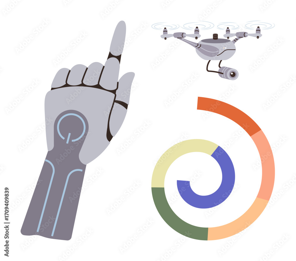 Aufkleber robotic hand pointing up, surveillance quadcopter in flight, and multicolored spiral graph. ideal fo