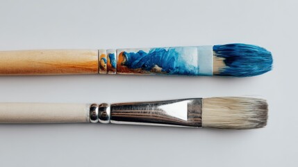 Fototapeta premium Artist's Paintbrushes with Blue and White Pigments, Close-Up on White Background