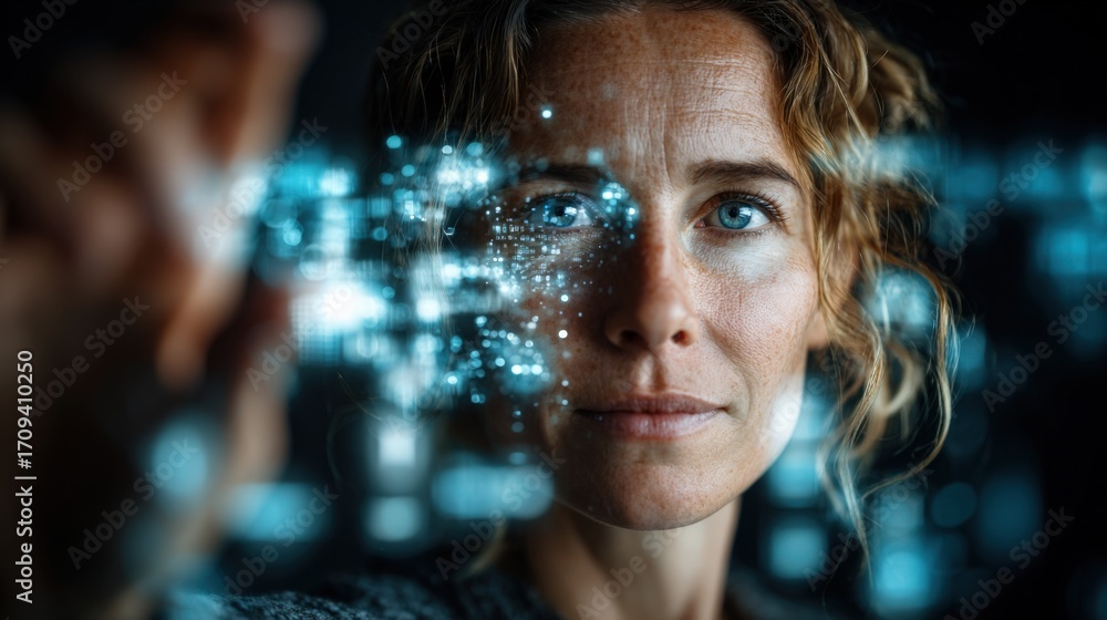 Poster woman interacting with futuristic hologram display, exploring advanced technology and digital interf