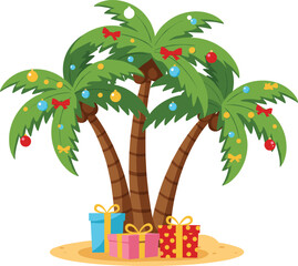 Art & IllustrationTropical Christmas palm trees decorated with ornaments, bows, and gifts on beach, festive holiday celebration, coastal Xmas theme illustration © Gustave McClure