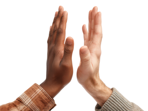 Two hands giving high five gesture against black background greeting