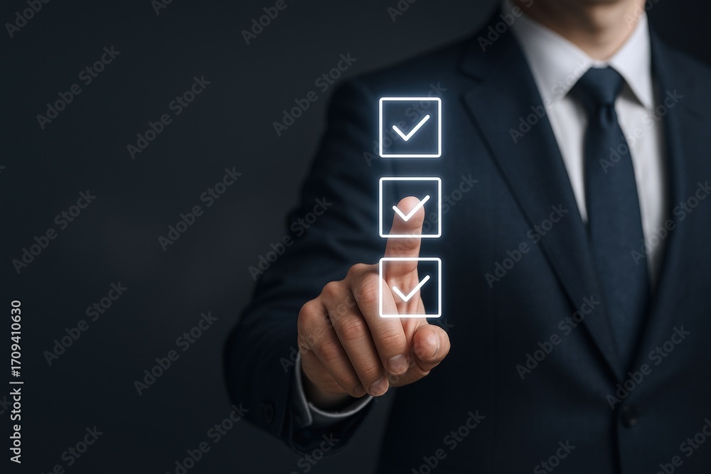 Poster businessman selecting options from a digital checklist, showcasing approval, task completion, and ef