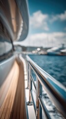 Fototapeta premium Luxury Yacht Deck View with Stainless Steel Railing and Ocean Backdrop, Summer Vacation Travel