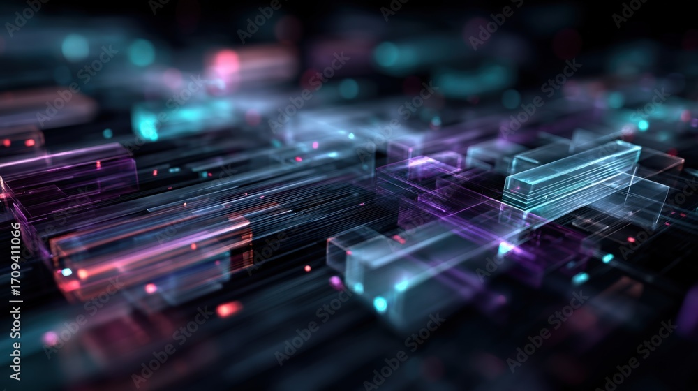 Poster abstract digital network visualization with glowing rectangles, data transmission and futuristic tec