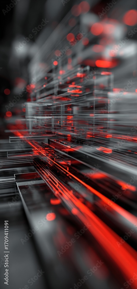 Poster abstract technology background with blurred red light trails on a metallic surface, futuristic desig