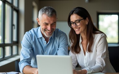 Fototapeta premium Mature mentor man and European leader woman discussing project on laptop in office. Two diverse partners, colleagues, team of confident professional business people work together. Banner, copy space