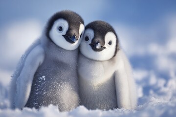 Two adorable emperor penguin chicks stand close together in a snowy landscape. Their fluffy gray feathers contrast with the white snow and blue background.