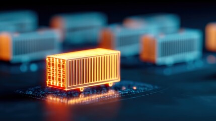 Glowing Container on Circuit Board Illustrating Advanced Logistics and Technology Integration in a Modern Futuristic Style