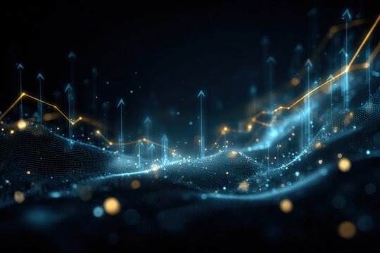 Abstract Financial Growth Graph with Arrows, Representing Stock Market Trends and Economic Progress with Dark Background