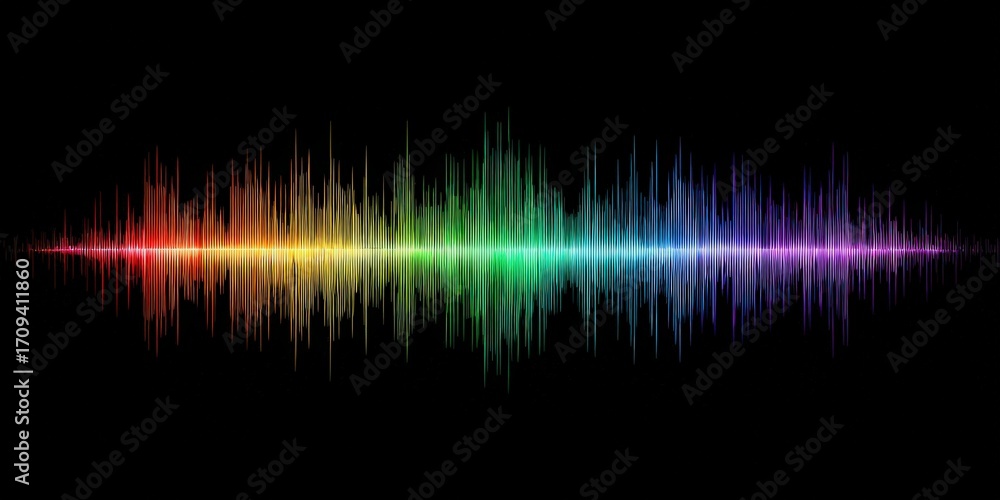 Poster vibrant rainbow sound wave visualization on black background representing audio technology and digit