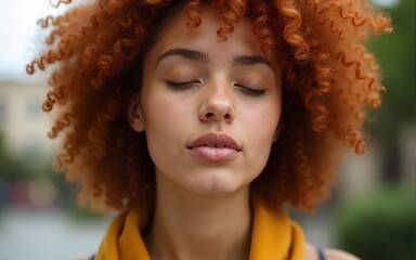 Closeup headshot portrait of young ginger african amerian woman with curly afro hair breathing with closed eyes. Dreaming redhead brazilian student girl, standing at campus university. Freedom concept