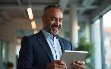 Focused senior mature Indian or Latin entrepreneur businessman holding digital pc tablet standing in office. Smiling hispanic man in suit working using touchpad computer for business work project