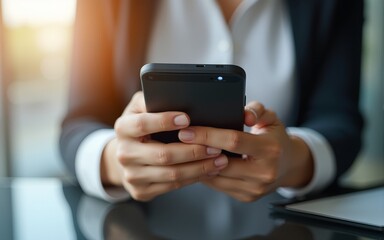 Closeup of hands businesswoman holding smartphone in office workspace for trading, banking, working online. Asian mature business woman manager ceo using cell phone mobile. Depersonalized, copy space