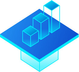 Block statistics center class vector graphics A blue 3D geometric structure with stacked cubes, with a white background and a red dot