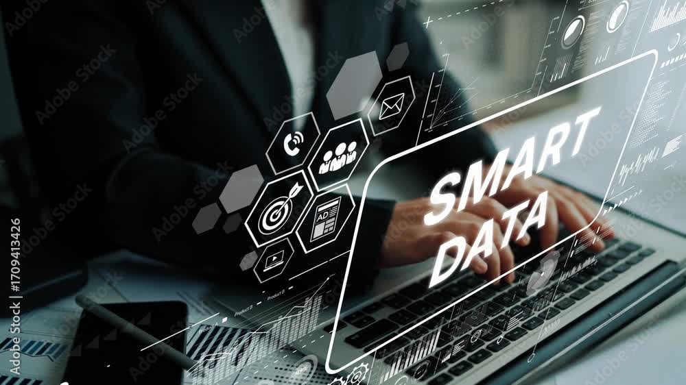 Poster Business Professional Engaged in Smart Data Analysis with Futuristic Technology Interfaces and Graphical Elements. Asymptotic smart data analytic.