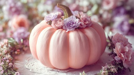 Beautiful pastel pink pumpkin gently adorned with delicate purple and pink blossoms displayed on white lace.