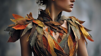Young woman profile view wearing elaborate garment of vibrant natural autumn foliage.
